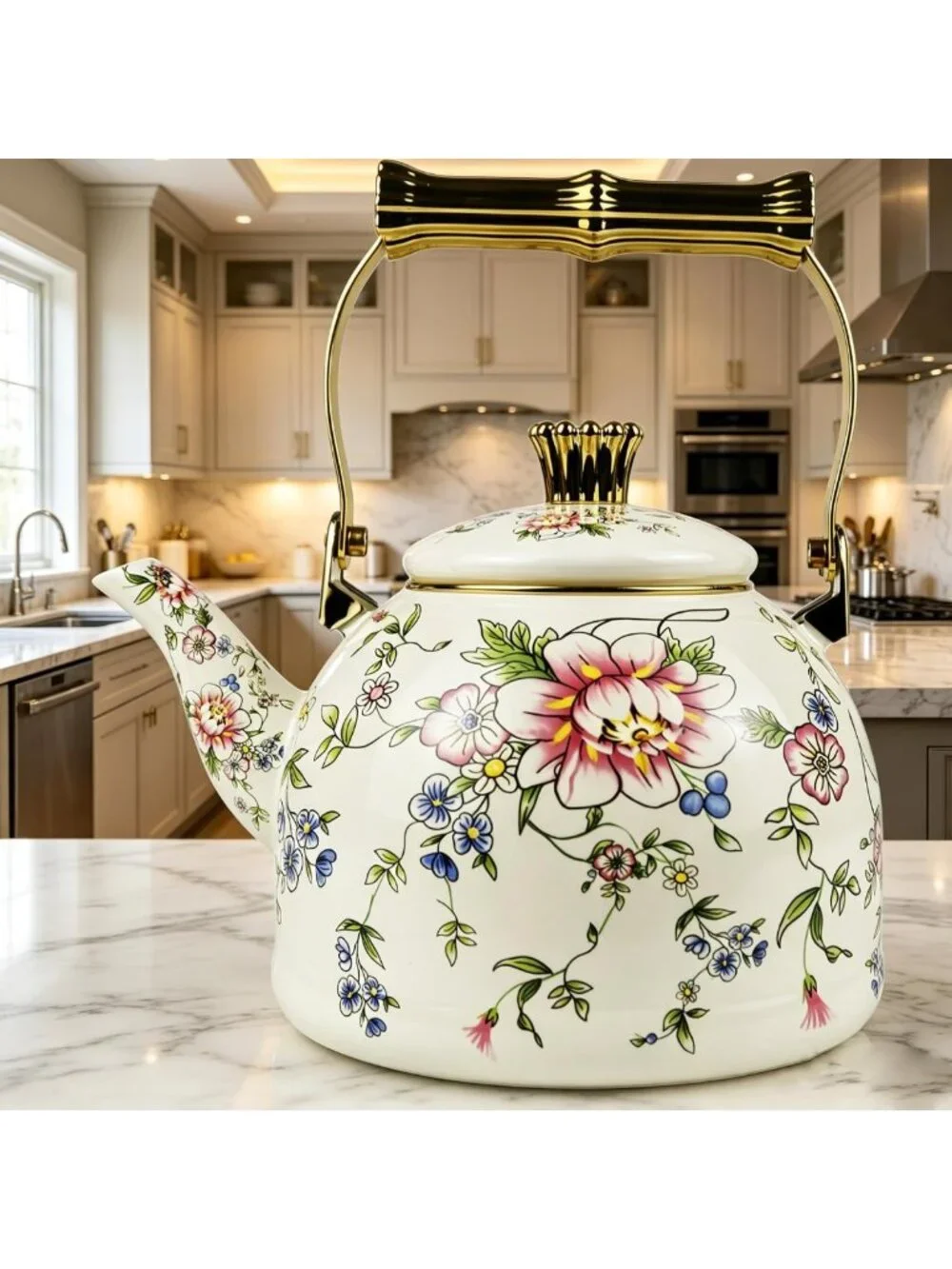 Vintage Floral Enamel Tea Kettle with Gold Handle, 2.5L Stovetop Teapot, Home